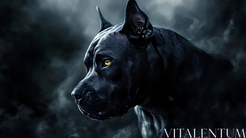 Intense black dog emerges from smoky shadows in profile