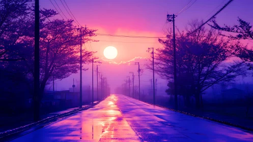 Sunset glows over wet rural road with vivid neon tones
