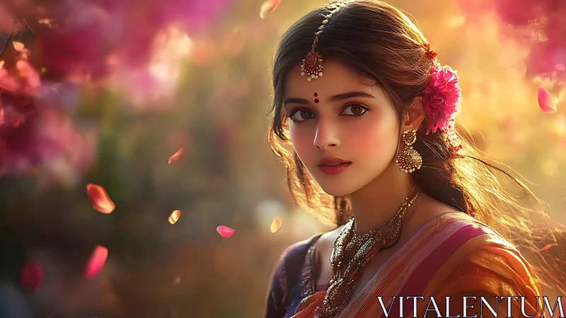 Young woman in traditional attire amid soft floral light.