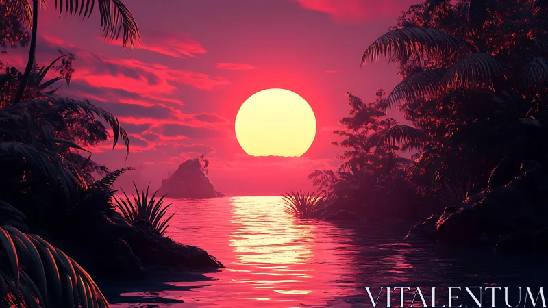 Neon tropical sunset over calm water between lush palms.