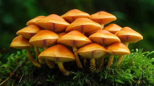 Clustered orange mushrooms over vivid forest moss bed.