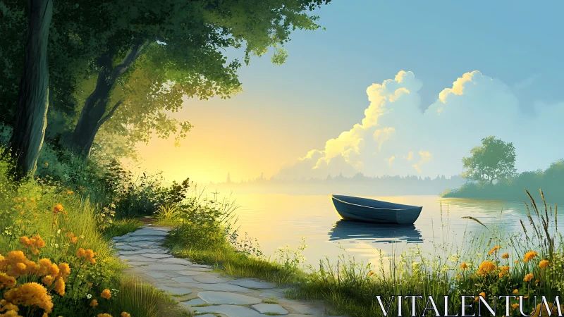 Rowboat rests on golden lake at tranquil sunrise