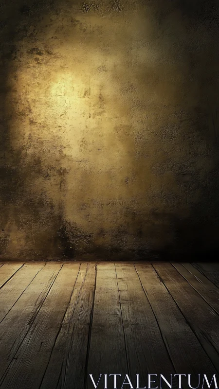 Golden light washes distressed wall and worn wood floor.