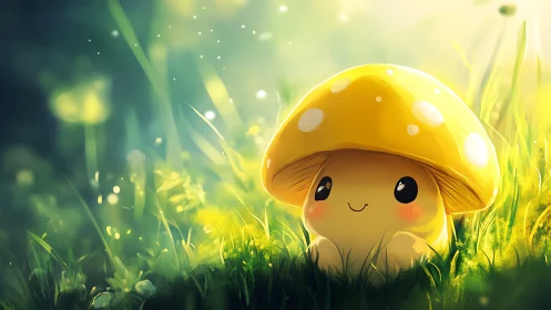 Luminous kawaii mushroom character in bokeh meadow glow field.