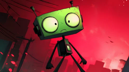 Bewildered green robot wanders through neon red city haze