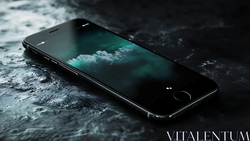 Midnight smartphone adrift on liquid obsidian deskscape.