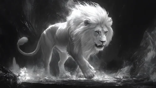 White lion strides through stormy waters in monochrome fury
