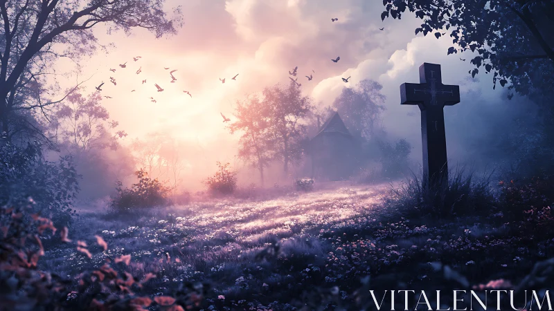Cross-lit forest graveyard glows under ethereal sunrise light.
