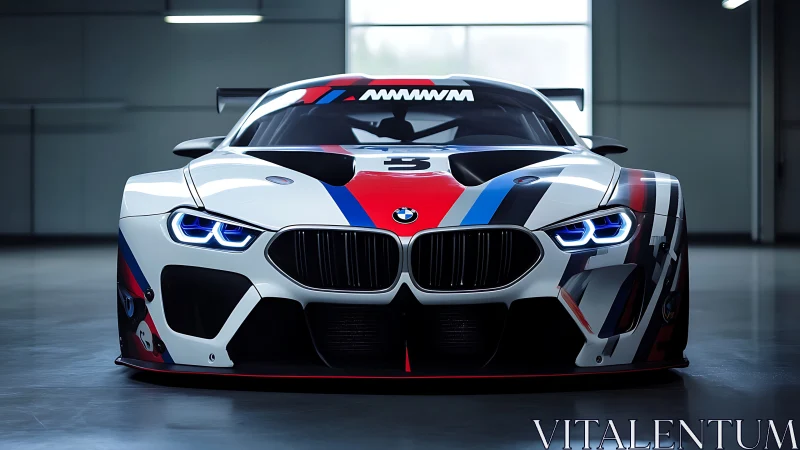 Track-bred BMW racer stares ahead with neon fury and poise.