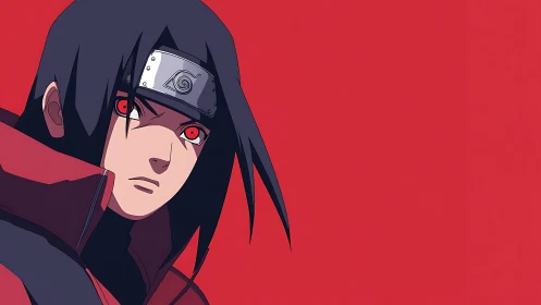 Anime character with headband against solid red backdrop.