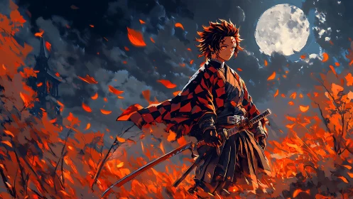 Moonlit swordsman in blazing autumn wind and ember leaves.