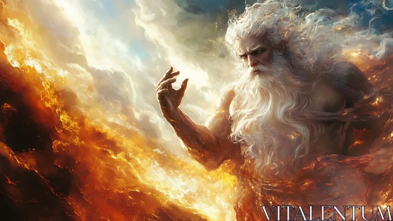 Mythic sky deity sculpting fire with dynamic volumetric clouds