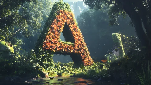 Lush forest letter A rises gently from a sunlit woodland stream