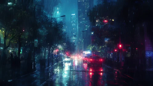 Neon city street glows through reflective midnight rain.