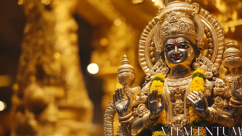 Gilded Hindu deity sculpture under warm ceremonial lighting.
