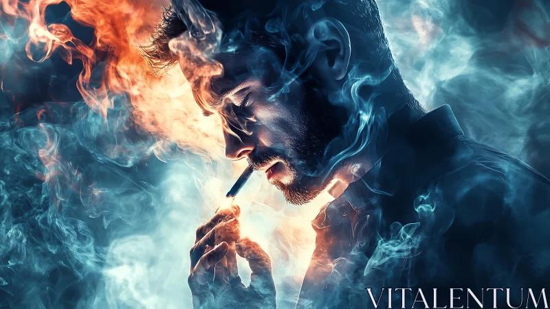 Cinematic digital portrait with dual-tone flame and smoke aura.