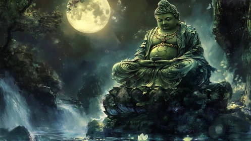 Luminous jade Buddha statue meditates beside moonlit waterfalls