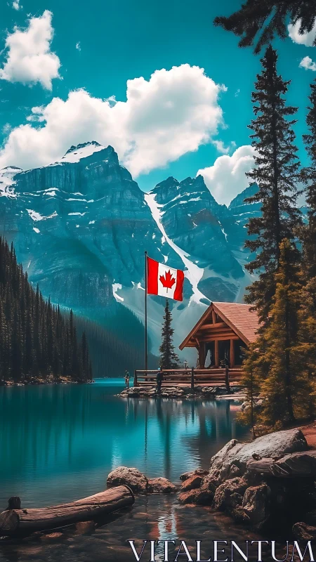 Canadian lakeside cabin with mountains and flag view.