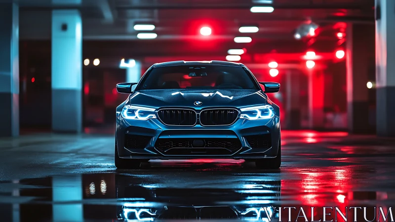 High-performance sedan under neon lighting with reflective wet floor