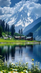 Snowy alpine peak rises above lakeside cabins and meadows