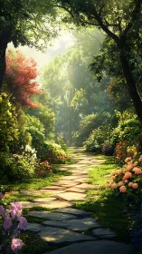 Sunlit stone garden path framed by lush flowering foliage.