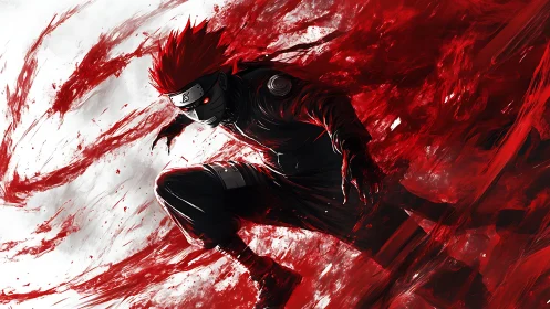 Crimson chakra storm swirling around a masked ninja hero.