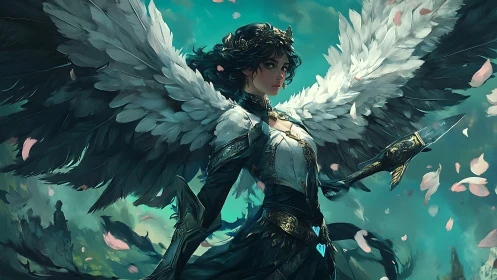 Winged armored female figure with dagger in teal sky field.