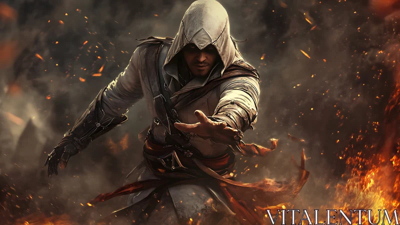 Hooded rogue storms through firelit chaos in fierce motion.