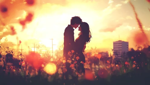 Silhouetted couple kissing at sunset in urban landscape