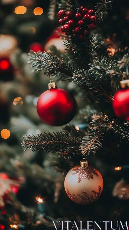 Photorealistic close-up of Christmas baubles on fir tree.
