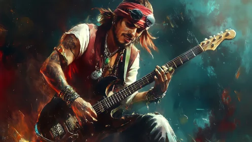 Flame‑lit bohemian guitarist in dynamic digital portrait