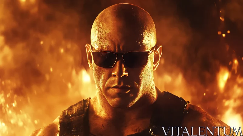 Bald muscular man with sunglasses emerges against intense firestorm