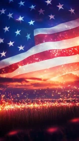 Layered US flag overlay merges night sky, fireworks and field lighting