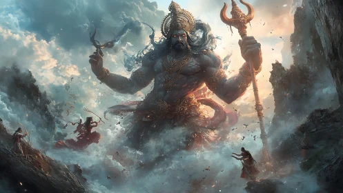 Colossal warrior deity rises amid storm-torn mythic seas.