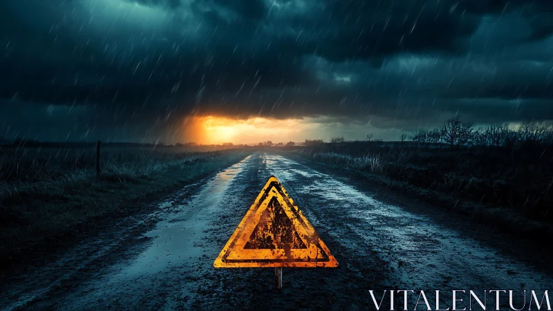 Stormy country road with glowing caution sign at dusk.