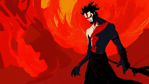 Fierce warrior strides through swirling red inferno light