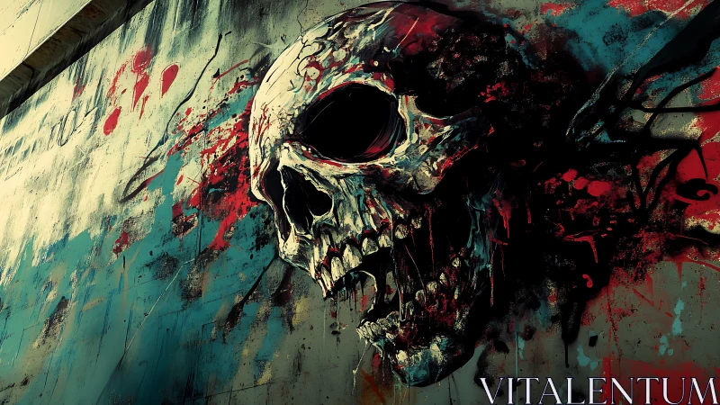 High-contrast splatter-painted skull mural on distressed wall