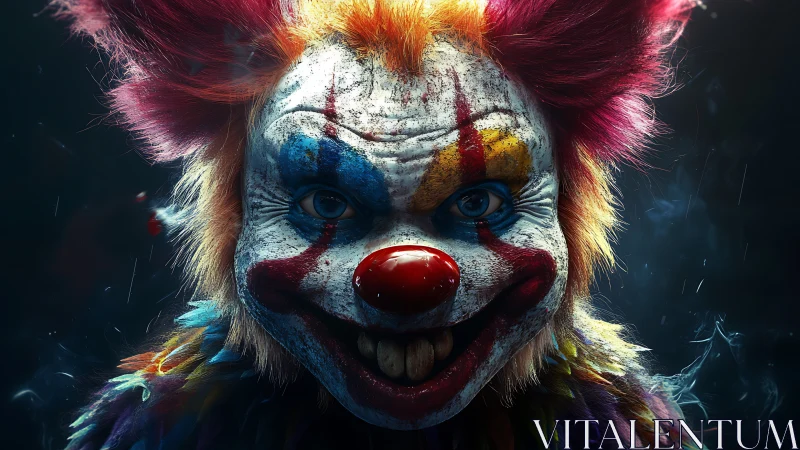 Menacing clown portrait with intense colorful makeup.