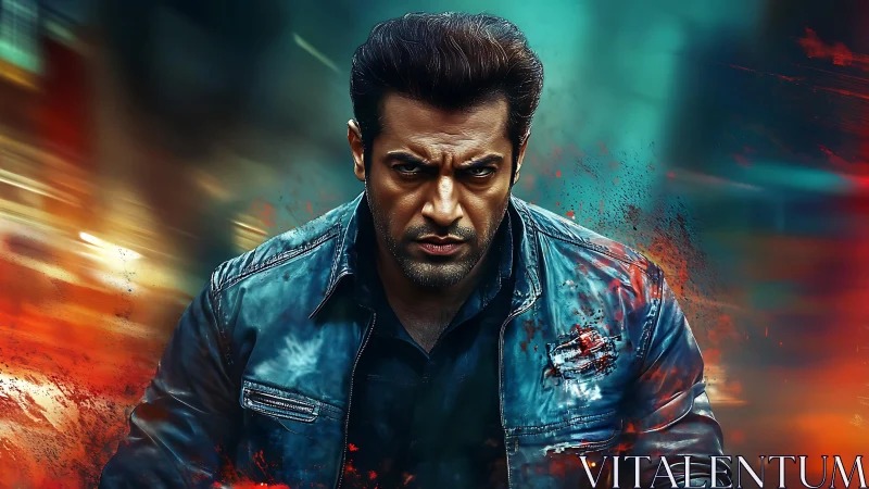 Brooding action hero in leather jacket amid neon chaos.