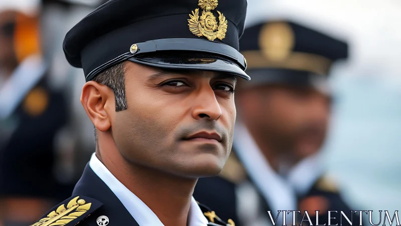 Confident naval officer gazing ahead with calm resolve.