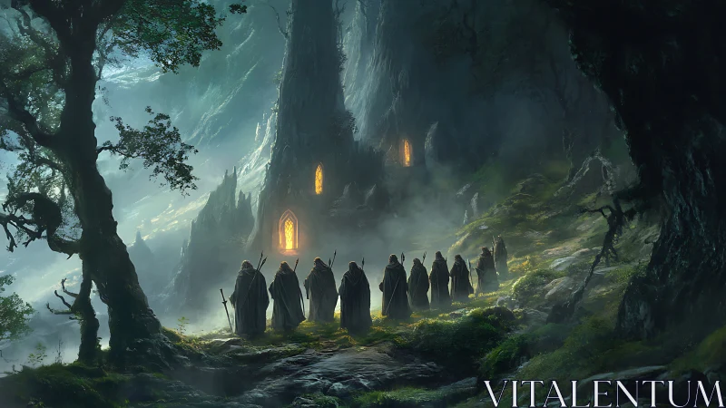 Hooded travelers approach a glowing citadel in misty forest.