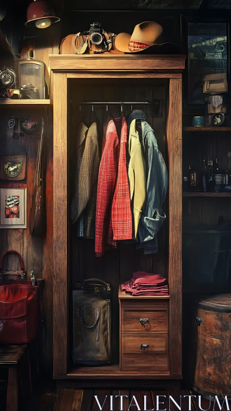 Cozy wooden wardrobe of travel memories and gentle style.
