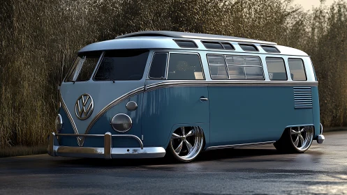 Lowered Volkswagen T1 microbus render with reflective wet asphalt.