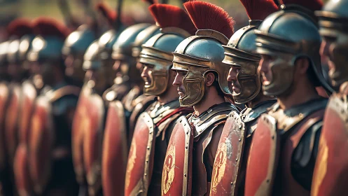 Roman legion soldiers lined in formation with red shields.