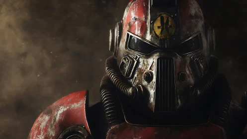 Battle-worn red power armor helmet in cinematic close-up.