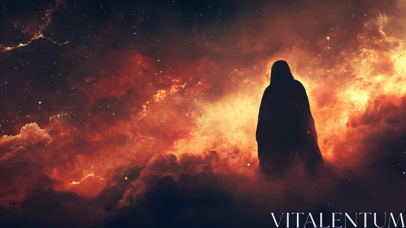 Digital painting of cloaked figure in cosmic nebula field.