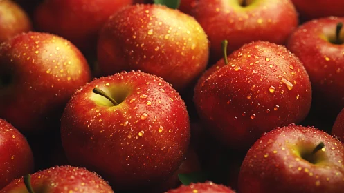 Close-up shows water droplets on multiple red apples