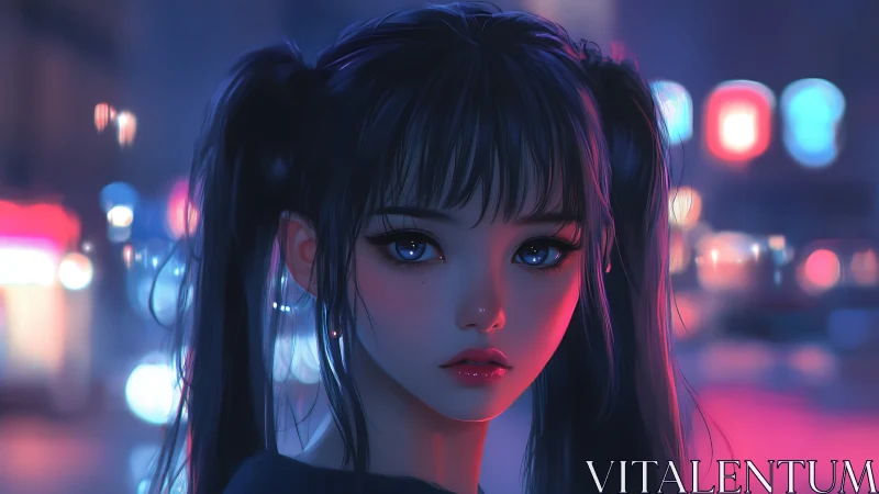 Neon-lit cyber girl portrait in cinematic night bokeh.