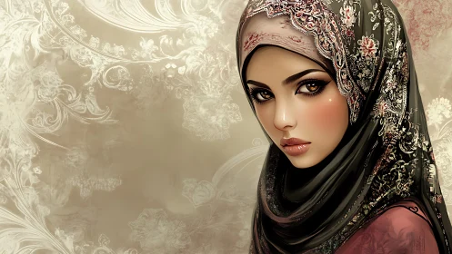 Velvet gaze in floral hijab amid whispering baroque swirls.