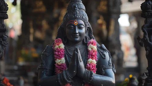 Stone temple deity statue with garland and folded hands.